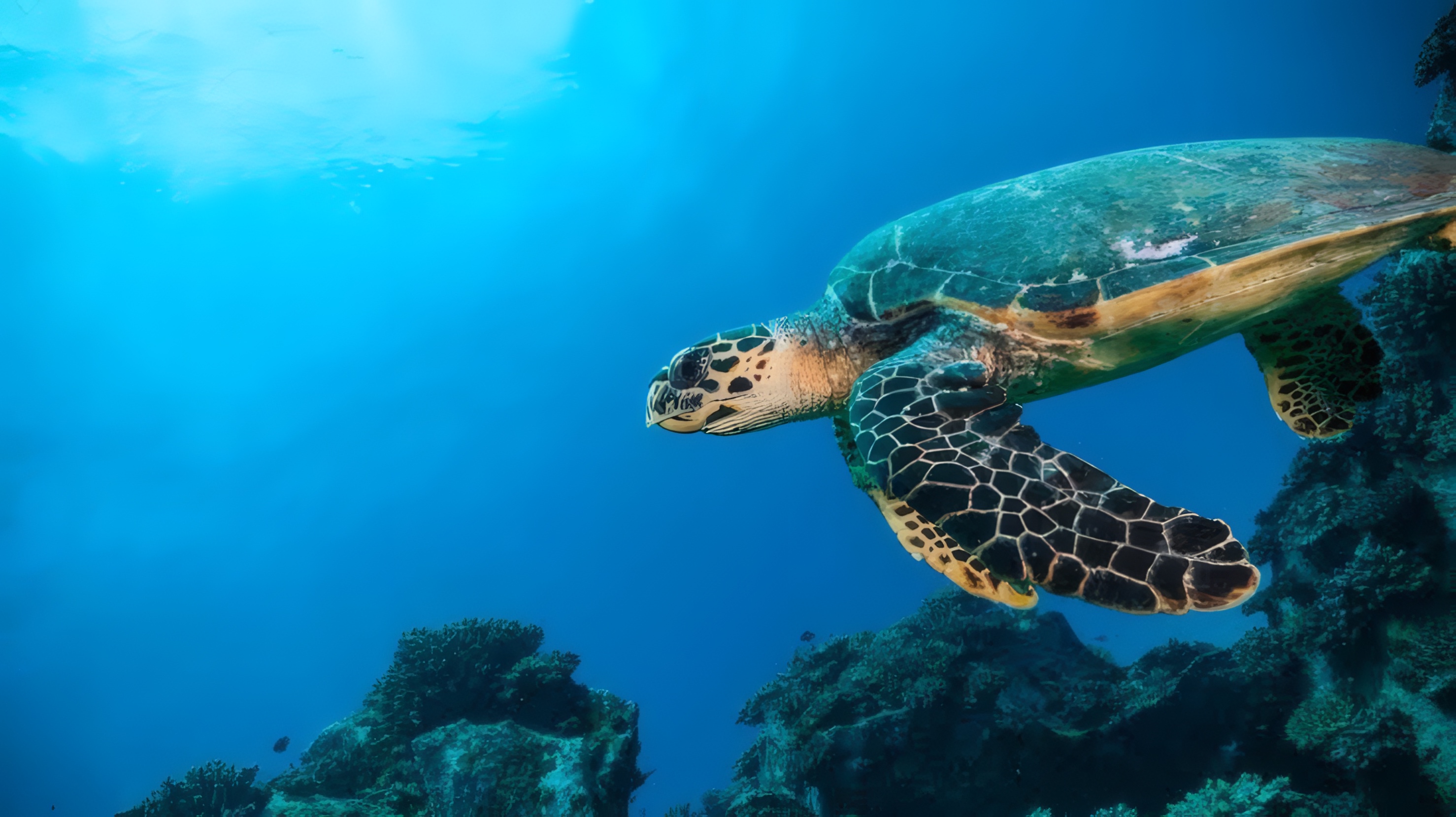 A sea turtle gliding through clear water